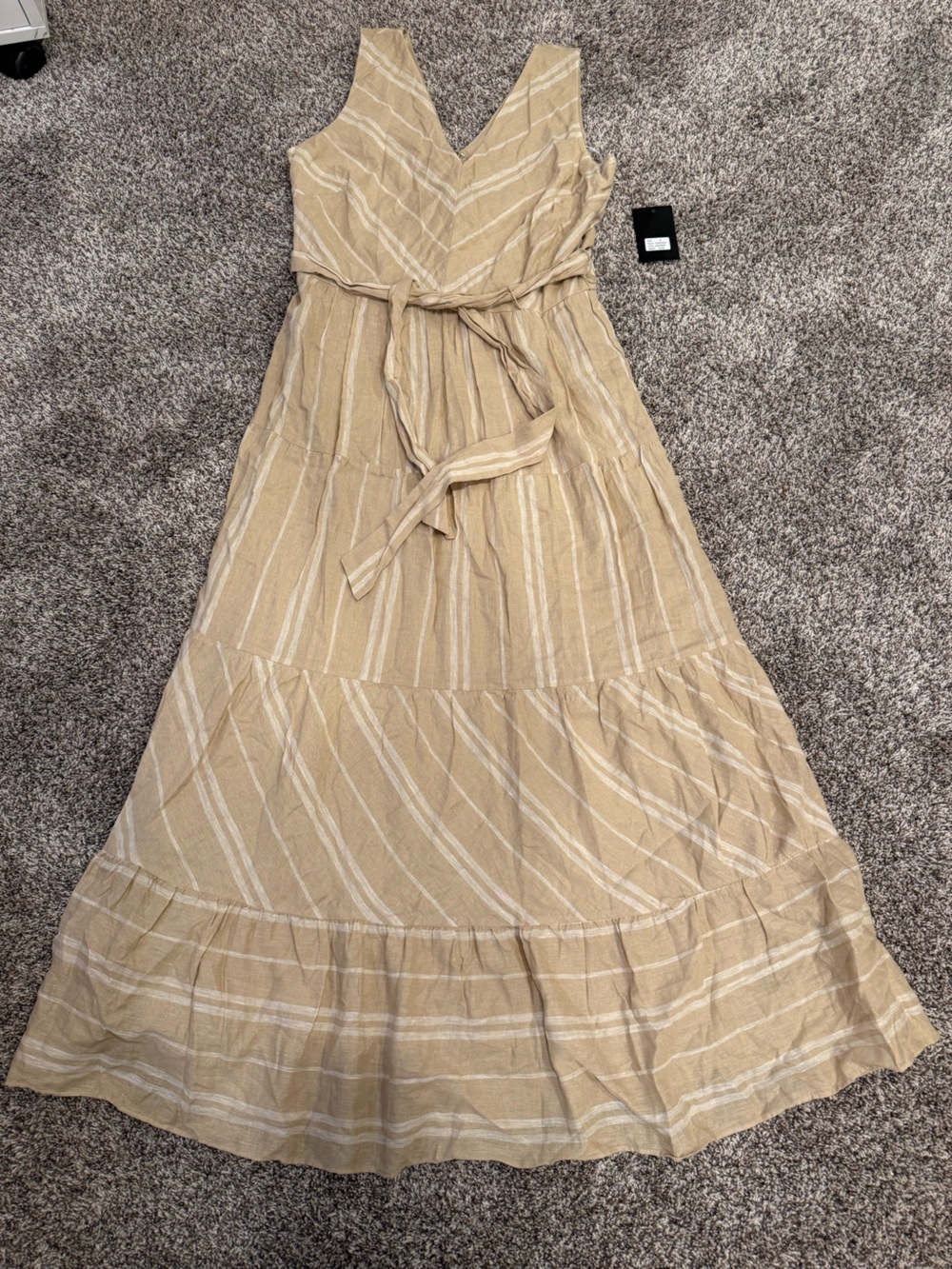 DKNY Womens Maxi Dress Size 8 Khaki Ivory Striped Belted Tiered NWT $134